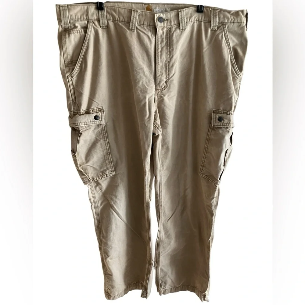 Carhartt Khaki Cargo Workwear Utility Casual Snap Pockets Zip Pants Mens 44 X 30